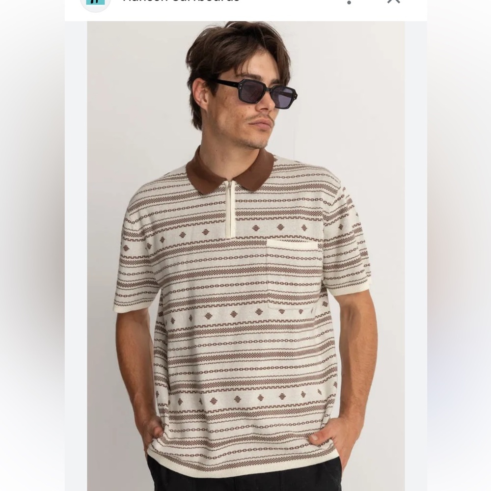 RHYTHM MENS IVORY BROWN JACQUARD SWEATER GEO ZIP NECK COTTON POLO NWOT MED